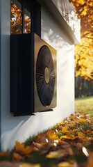 A high-resolution image of an air source heat pump placed outside the house, surrounded by autumn leaves and sunlight filtering through trees