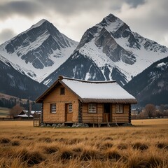 A small, quaint cabin with a thatched roof, set against a backdrop of towering, snow-capped mountains.