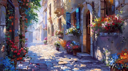 Expressive street scene with bold colors vibrant flowers and dynamic brushstrokes