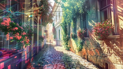 Fototapeta premium Futurist scene of cobblestone street with metallic textures and bright morning sun