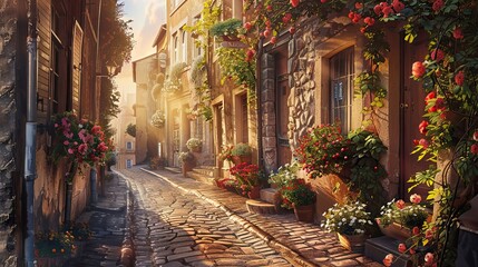 Fototapeta premium Exaggerated forms and intricate patterns in a Mannerist street with morning light