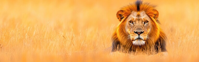 Fototapeta premium The lion gazes intensely while resting on the golden savannah grass, exuding power and majesty