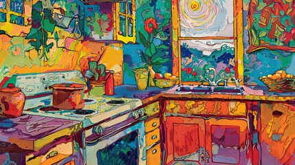 Naklejka premium Bold colors and expressive brushstrokes define this lively Fauvist kitchen scene