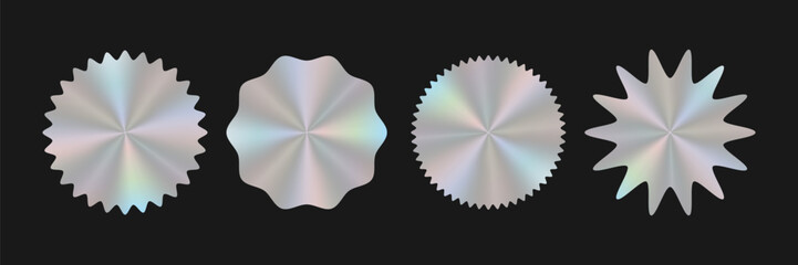 Blank holographic sticker templates. Sharp and smooth. Different shapes. Original gradient silver holographic product icon. Vector illustration.