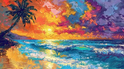 Post-Impressionist beach scene with bold colors textured waves and vivid sunset sky