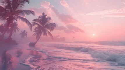 Romantic beach scene with soft pastel colors gentle waves and ethereal sunset sky