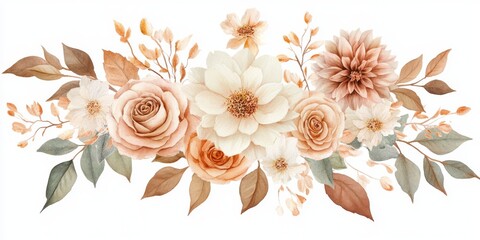 Obraz premium This watercolor wedding bouquet features warm autumn tones, vibrant roses, colorful blooms, and lush greenery, making it perfect for a charming bohemian wedding that leaves a lasting impression