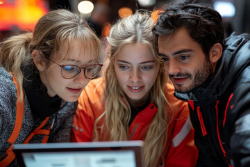 Three people are looking at a laptop screen