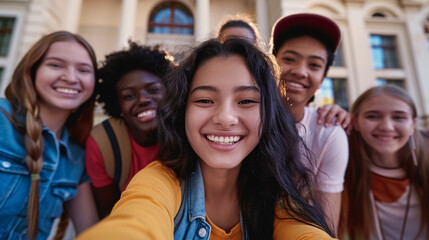 Fototapeta premium Happy multiracial group of friends making a selfie with a phone in the university, focus on the girl - Friendship, happiness, and joyful concept