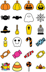 A Set of Colorful Vector Illustrations With a Halloween Theme. This Collection Includes Pumpkins, Ghosts, Bats, Witches' Hats, Candies, Spiders. Perfect for Seasonal Designs, Crafts, Decorations.