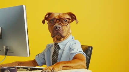 Cool dog in a shirt and tie working at a computer on a yellow background.
