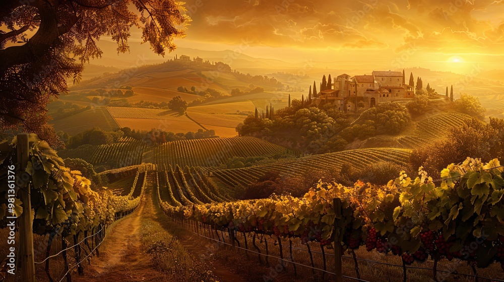 Wall mural Baroque vineyard scene with sculpted grapevines rustic farmhouse and golden sunset