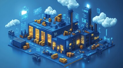 Machine learning algorithms enhance efficiency at a futuristic warehouse during nighttime operations
