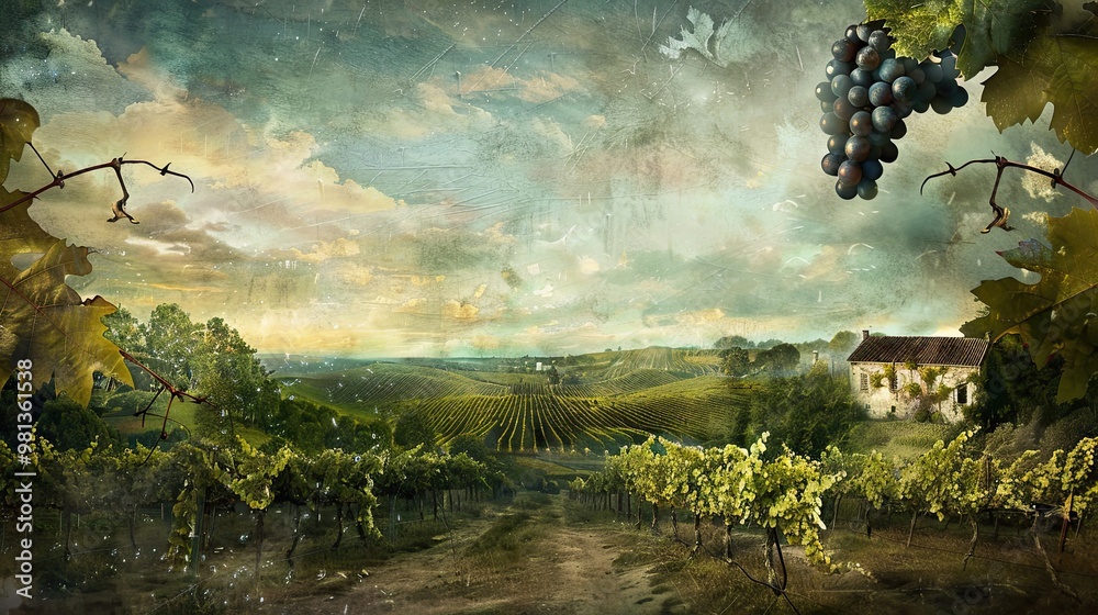 Wall mural Enigmatic vineyard scene with symbolic elements and a surreal mystical atmosphere