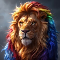 portrait of a lion with colorful feathers, in pink, red, blue and green, artistic animal portraits, drawing, abstract background, wallpaper