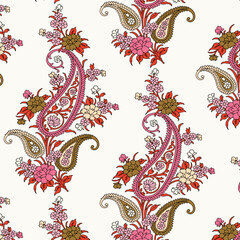 Indian Paisley Floral Seamless Vector Pattern, Vintage Oriental Motif Print for Chintz fabric or Batik Indonesia Sarong, Arabesque Design for Textile, Wallpaper