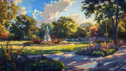 Vibrant urban park scene with bold brushstrokes colorful lawns and stylized fountain