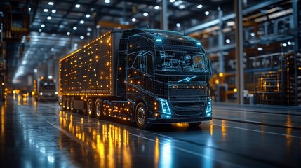 AI-enabled autonomous mobile robots in an illuminated warehouse during nighttime operations