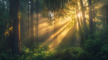 Obraz premium Golden rays pierce through verdant canopies, casting an ethereal glow upon the forest floor. The warm embrace of the sun kisses leaves, illuminating hidden wonders amidst the towering trees. 