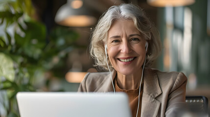 Happy professional mature female HR manager, smiling mature mid-aged business woman in office wearing earbud looking at laptop computer having hybrid conference work meeting