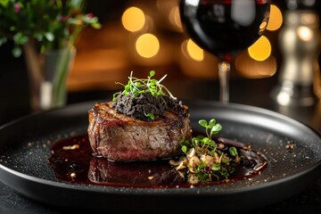 Luxurious Steak Dinner with Red Wine Reduction and Truffle Shavings in Fine Dining Restaurant