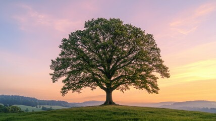 Fototapeta premium A solitary tree stands against a colorful sunset, set on a grassy hill, creating a serene and tranquil landscape.