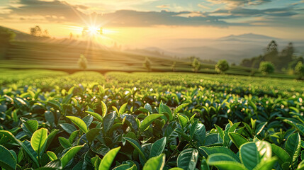 cenic young upper fresh bright green tea leaves at tea plantation at sunset.