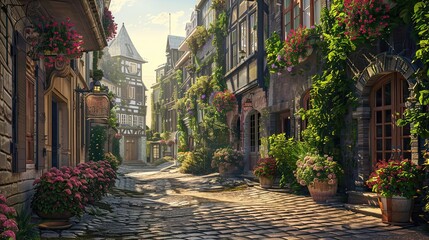 Obraz premium Surreal street scene with fantastical elements and soft morning sunlight evoking mystery