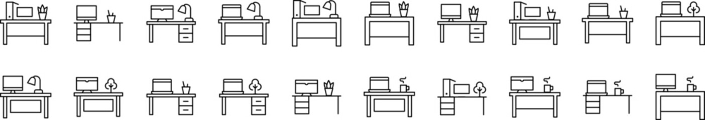 Computer on Table Simple Isolated Line Icons Collection. Editable Stroke. Suitable for Web Sites, Books, Cards, Apps