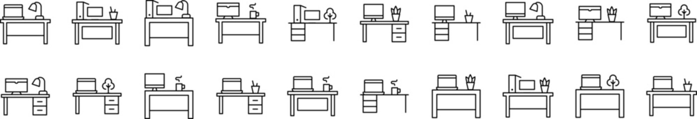 Computer on Table Icon Set for UI, Placards, Books, Apps. Editable Stroke. Suitable for Web Sites, Books, Cards, Apps