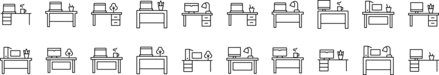 Computer on Table Related Icon Set. Editable Stroke. Suitable for Web Sites, Books, Cards, Apps