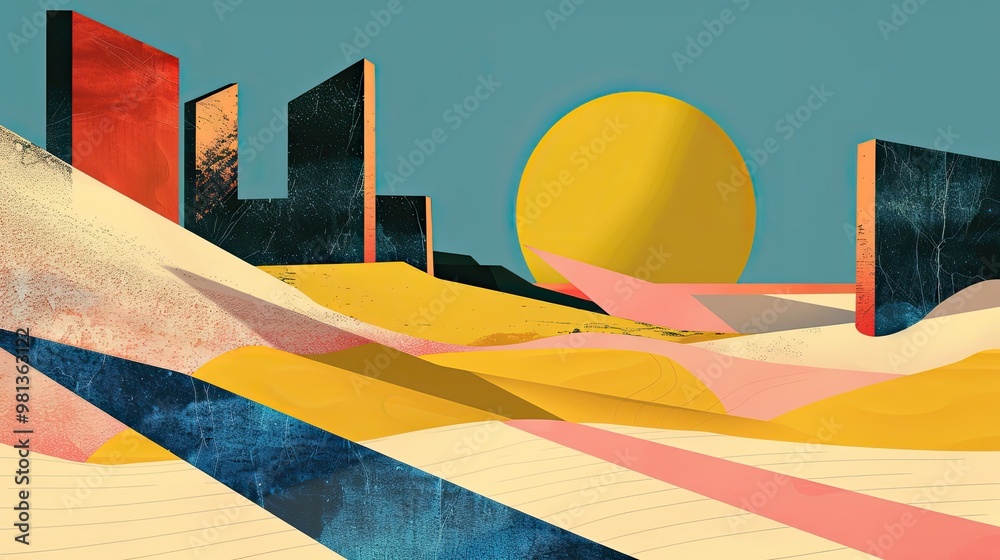 Sticker Bauhaus desert scene with geometric dunes and simplified structured forms