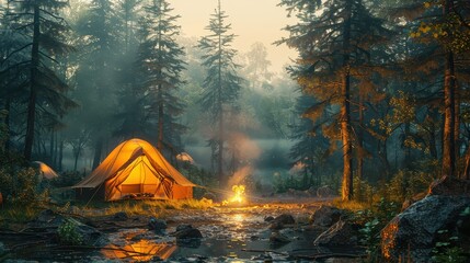 camping by the lake, tents, fire and mountain views, snowy and cold weather, outdoor, wallpaper, background