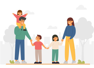 Global family day. Heterosexual couple with three kids walking together at the park. Lifestyle concept