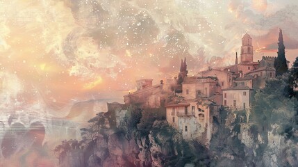 Pastel sky and romanticized village details evoke nostalgia and poetic beauty