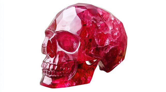one single red ruby crystal gem human skull isolated on white background