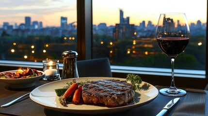 Luxurious Steak Dinner with City Skyline View - Perfect for Dining and Fine Dining Promotions