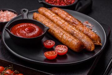 Juicy fried beef or pork sausages with salt, spices and herbs