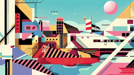 Constructivist coastal town with sharp lines and industrial elements under geometric sky