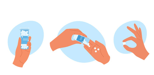 Set of hand with filled pills bottle, with pills spilling out to other hand and fingers hold pill