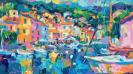 Fototapeta premium Coastal town scene with expressive fauvist colors and spontaneous bold brushstrokes