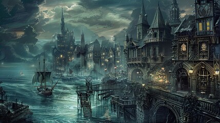 Dramatic coastal town scene with Gothic architecture and a mysterious dark sky