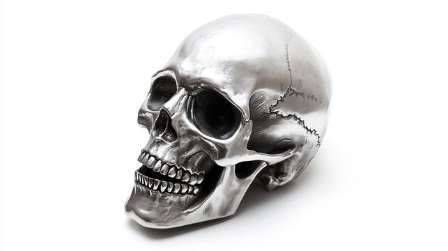 one single silver human skull isolated on white background