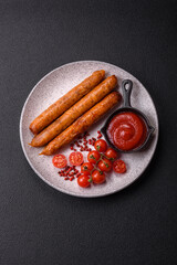 Juicy fried beef or pork sausages with salt, spices and herbs