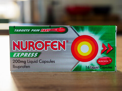 Box of Nurofen express brand iboprofen pain killer liquid capsules.