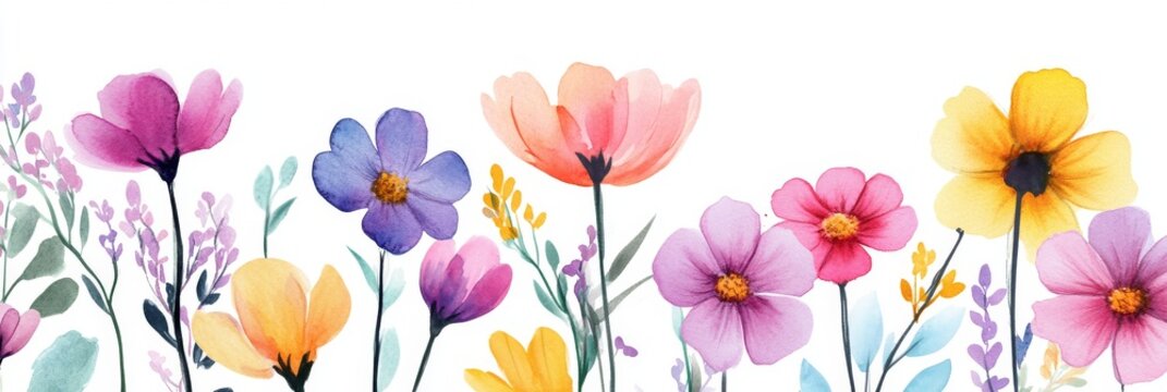 This is a vibrant watercolor collection showcasing a variety of wildflowers that are absolutely perfect for use in invitations, greeting cards, and any natureinspired design projects you may have
