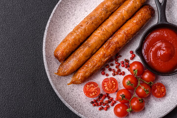 Juicy fried beef or pork sausages with salt, spices and herbs