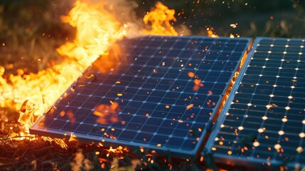Solar Panels on Fire in a Field.