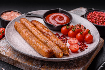 Juicy fried beef or pork sausages with salt, spices and herbs