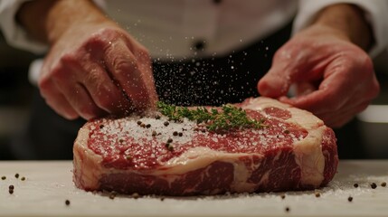 Professional Chef Seasoning Ribeye Steak in High-End Restaurant Kitchen - Culinary Preparation Focus